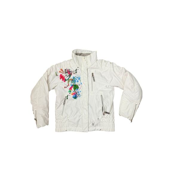 Spyder Girls Snow Ski Jacket Size 8 White Multicolor Print Insulated Winter Coat - Picture 1 of 16